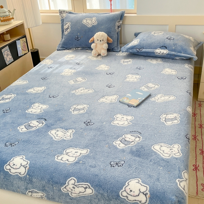 91家纺网 家纺一手货源 找家纺 川悦生活 2025新款高克重雪花绒卡通印花加厚保暖大床单床笠 床笠小雪狗