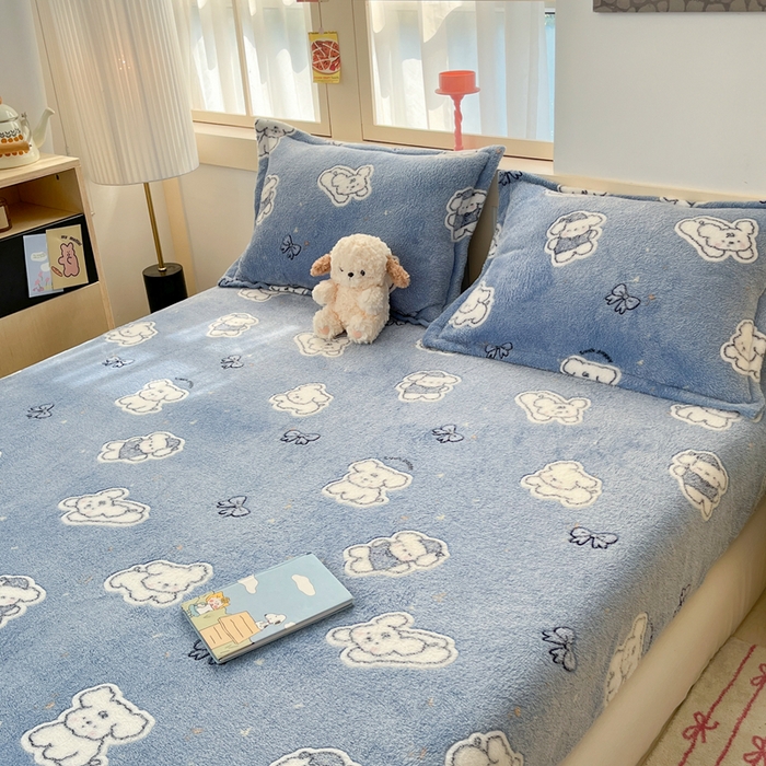 91家纺网 家纺一手货源 找家纺 川悦生活 2025新款高克重雪花绒卡通印花加厚保暖大床单床笠 床笠小雪狗