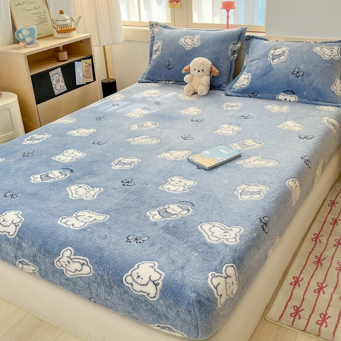 91家纺网 家纺一手货源 找家纺 川悦生活 2025新款高克重雪花绒卡通印花加厚保暖大床单床笠 床笠小雪狗