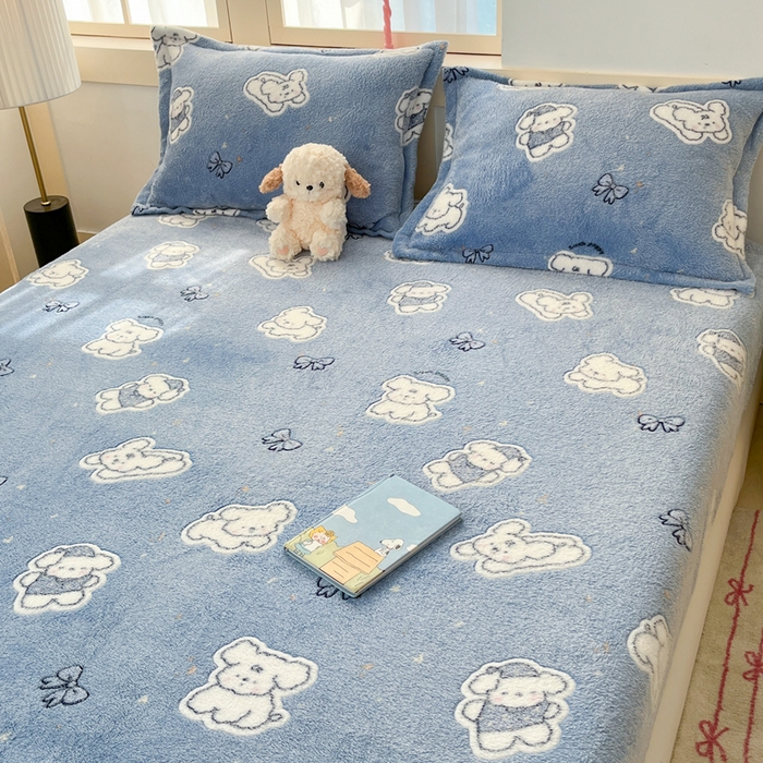 91家纺网 家纺一手货源 找家纺 川悦生活 2025新款高克重雪花绒卡通印花加厚保暖大床单床笠 床笠小雪狗
