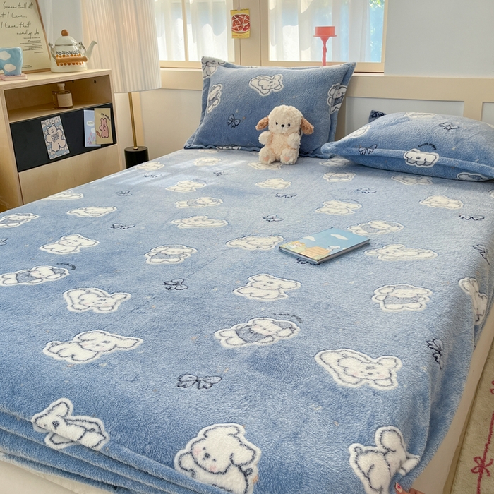 91家纺网 家纺一手货源 找家纺 川悦生活 2025新款高克重雪花绒卡通印花加厚保暖大床单床笠 床笠小雪狗