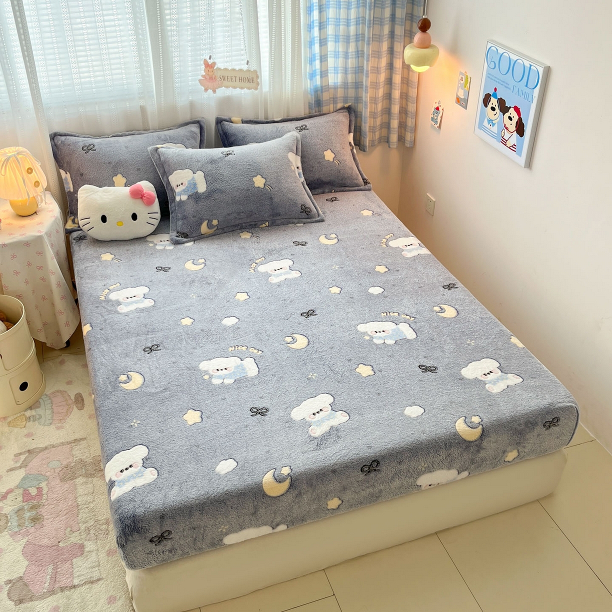 91家纺网 家纺一手货源 找家纺 川悦生活 2025新款高克重雪花绒卡通印花加厚保暖大床单床笠 床笠星月小狗-灰