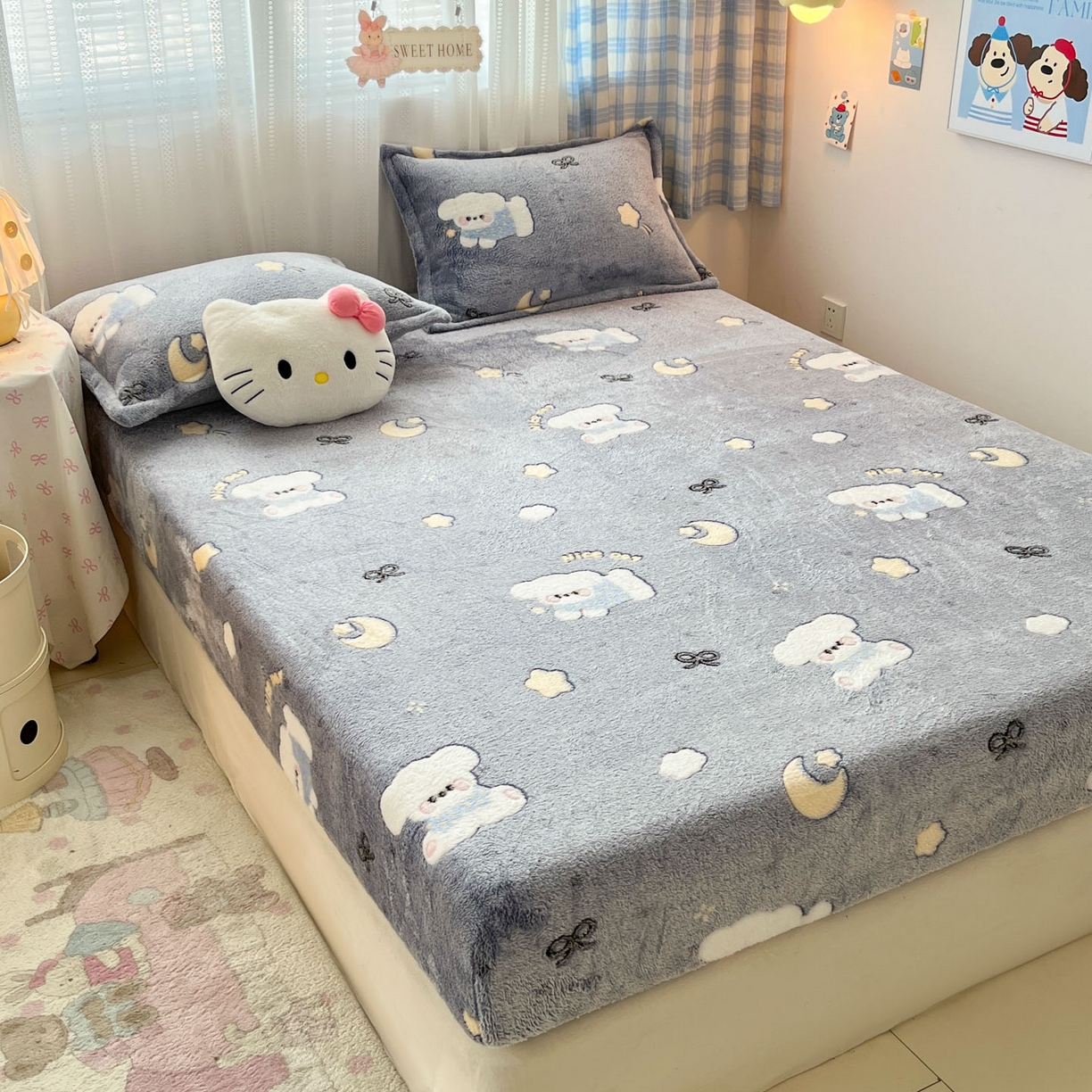 91家纺网 家纺一手货源 找家纺 川悦生活 2025新款高克重雪花绒卡通印花加厚保暖大床单床笠 床笠星月小狗-灰