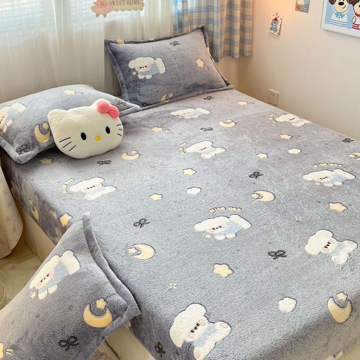 91家纺网 家纺一手货源 找家纺 川悦生活 2025新款高克重雪花绒卡通印花加厚保暖大床单床笠 床笠星月小狗-灰