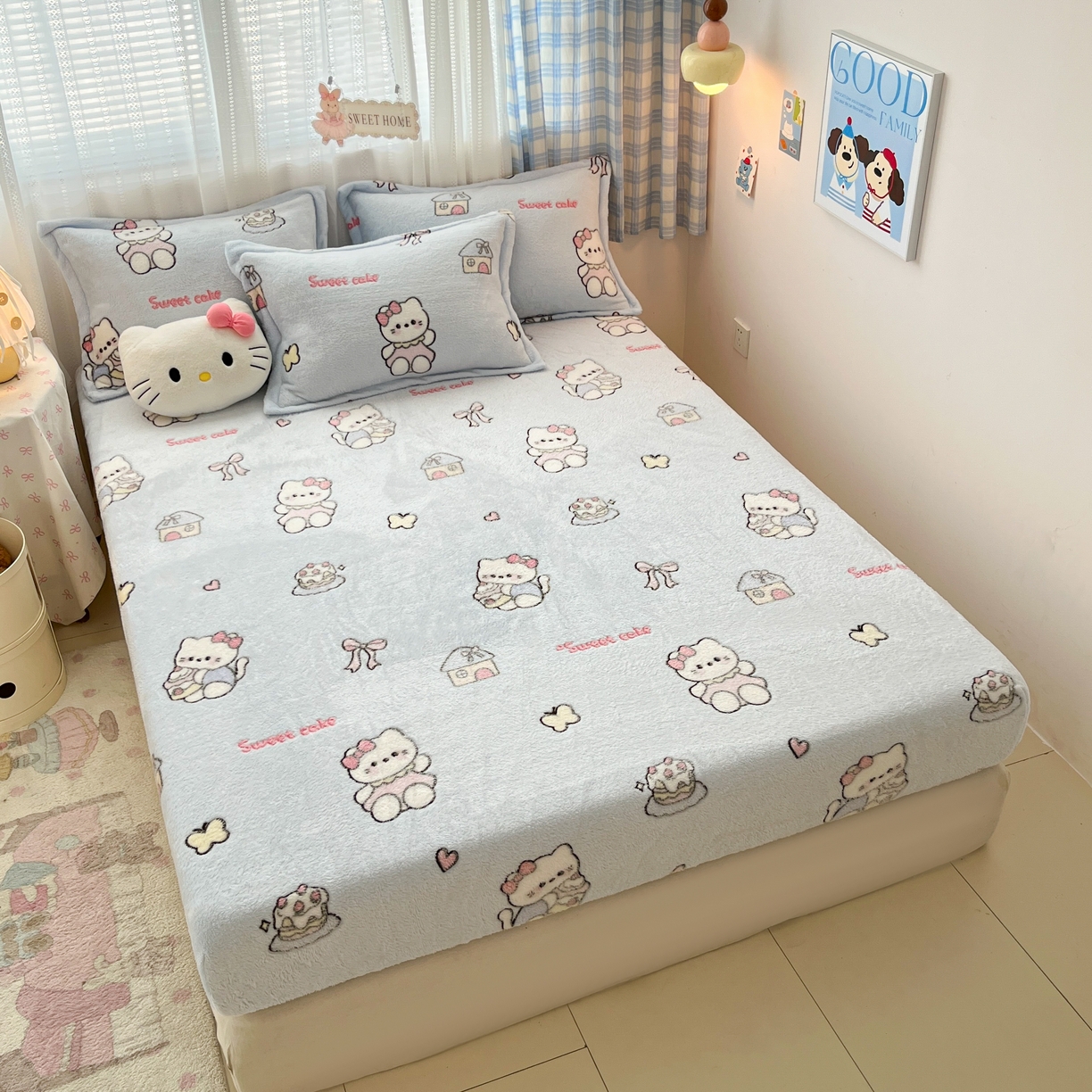91家纺网 家纺一手货源 找家纺 川悦生活 2025新款高克重雪花绒卡通印花加厚保暖大床单床笠 床笠幸运小咪