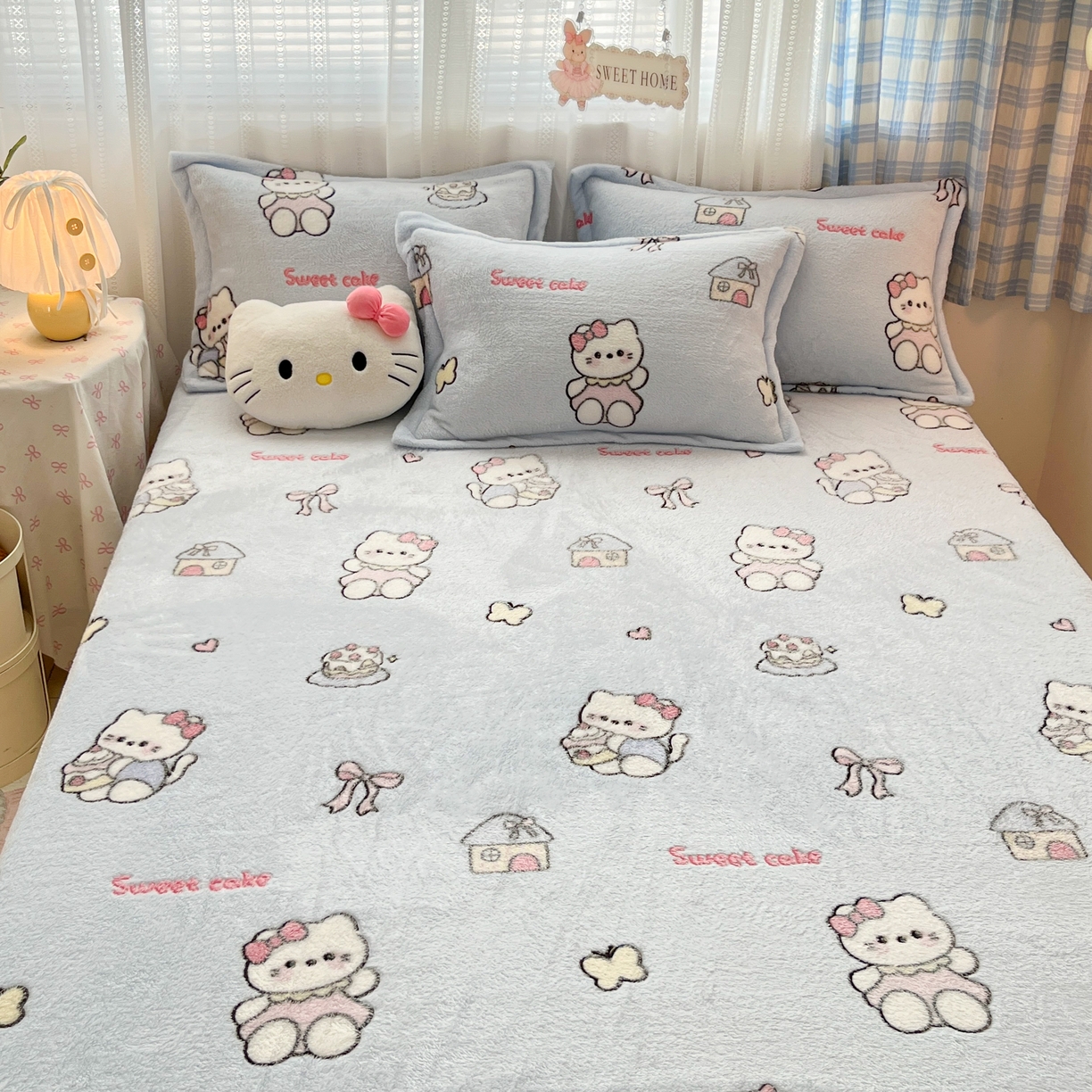 91家纺网 家纺一手货源 找家纺 川悦生活 2025新款高克重雪花绒卡通印花加厚保暖大床单床笠 床笠幸运小咪