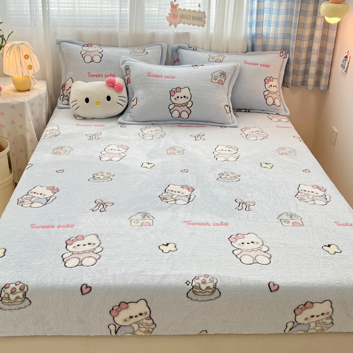 91家纺网 家纺一手货源 找家纺 川悦生活 2025新款高克重雪花绒卡通印花加厚保暖大床单床笠 床笠幸运小咪