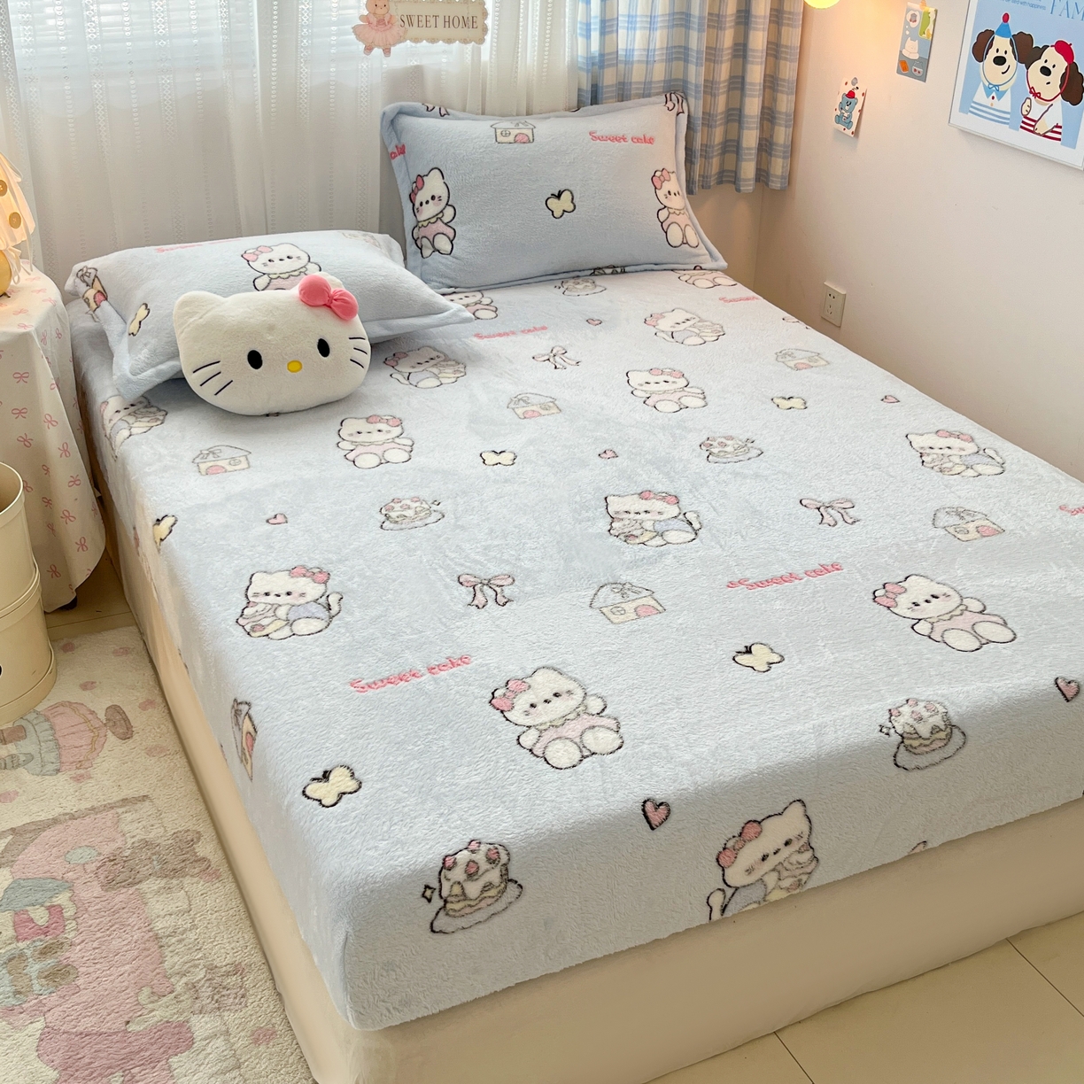 91家纺网 家纺一手货源 找家纺 川悦生活 2025新款高克重雪花绒卡通印花加厚保暖大床单床笠 床笠幸运小咪