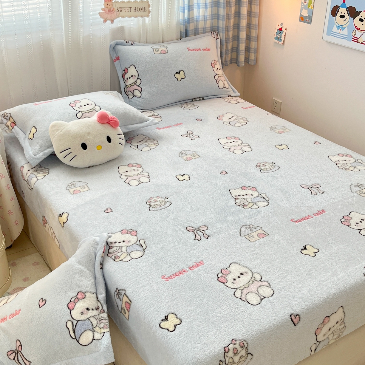 91家纺网 家纺一手货源 找家纺 川悦生活 2025新款高克重雪花绒卡通印花加厚保暖大床单床笠 床笠幸运小咪