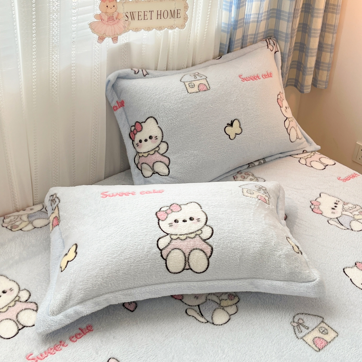 91家纺网 家纺一手货源 找家纺 川悦生活 2025新款高克重雪花绒卡通印花加厚保暖大床单床笠 床笠幸运小咪