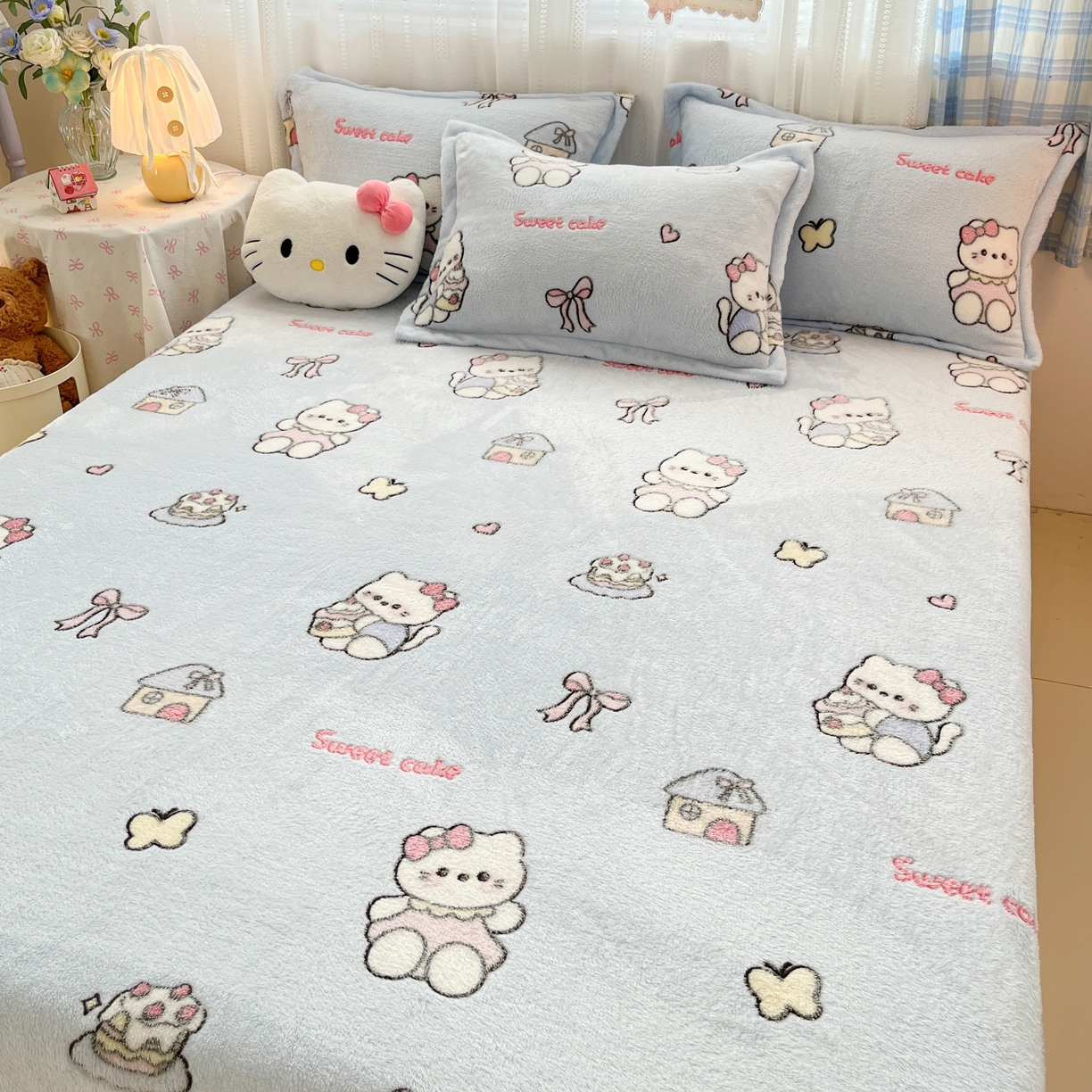 91家纺网 家纺一手货源 找家纺 川悦生活 2025新款高克重雪花绒卡通印花加厚保暖大床单床笠 床笠幸运小咪