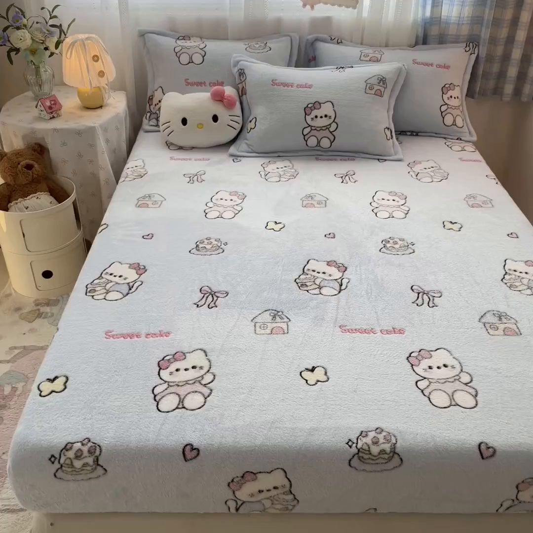 91家纺网 家纺一手货源 找家纺 川悦生活 2025新款高克重雪花绒卡通印花加厚保暖大床单床笠 床笠幸运小咪