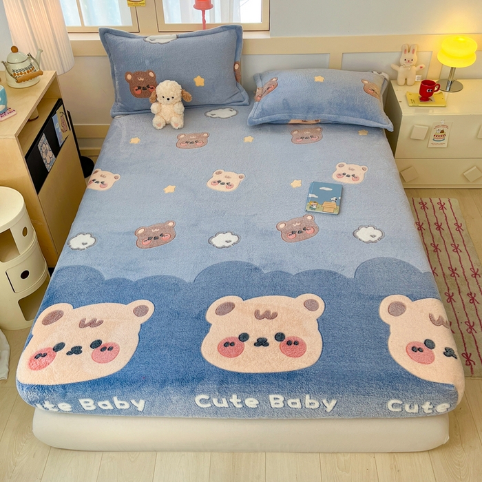 川悦生活 2025新款高克重雪花绒卡通印花加厚保暖大床单床笠 床笠熊小巴