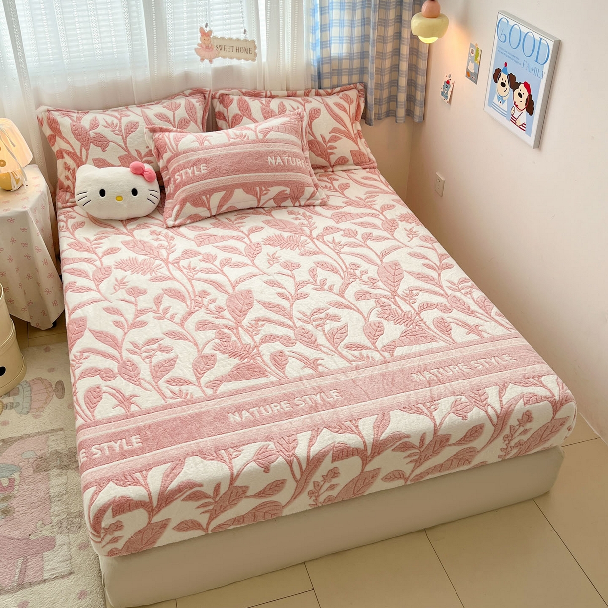 91家纺网 家纺一手货源 找家纺 川悦生活 2025新款高克重雪花绒卡通印花加厚保暖大床单床笠 床笠月桂-粉