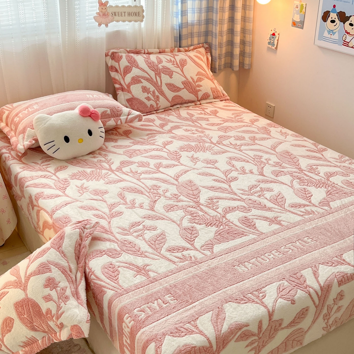 91家纺网 家纺一手货源 找家纺 川悦生活 2025新款高克重雪花绒卡通印花加厚保暖大床单床笠 床笠月桂-粉