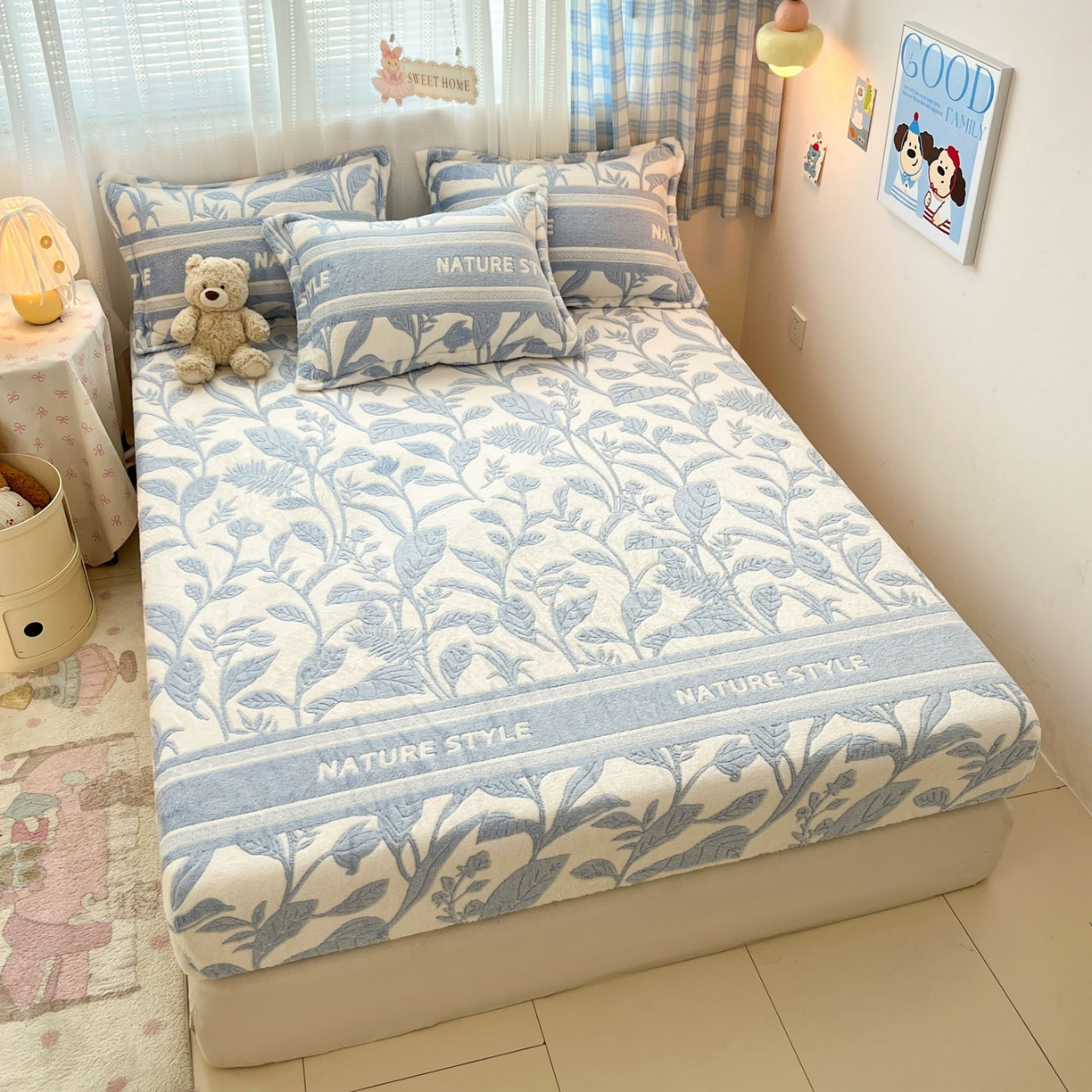 91家纺网 家纺一手货源 找家纺 川悦生活 2025新款高克重雪花绒卡通印花加厚保暖大床单床笠 床笠月桂-蓝