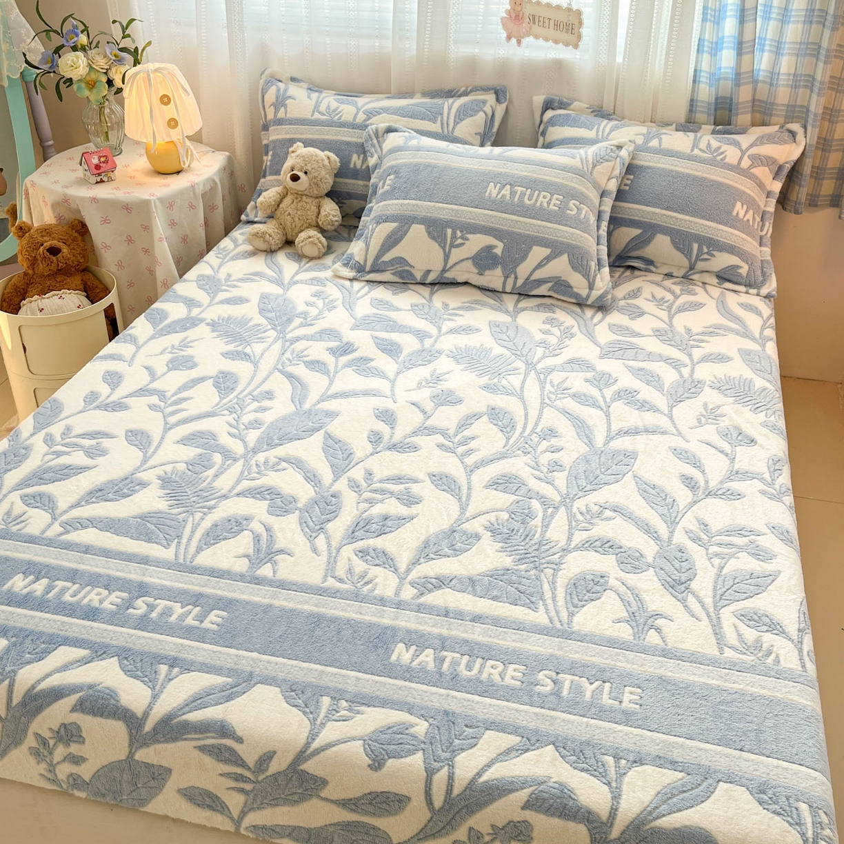 91家纺网 家纺一手货源 找家纺 川悦生活 2025新款高克重雪花绒卡通印花加厚保暖大床单床笠 床笠月桂-蓝