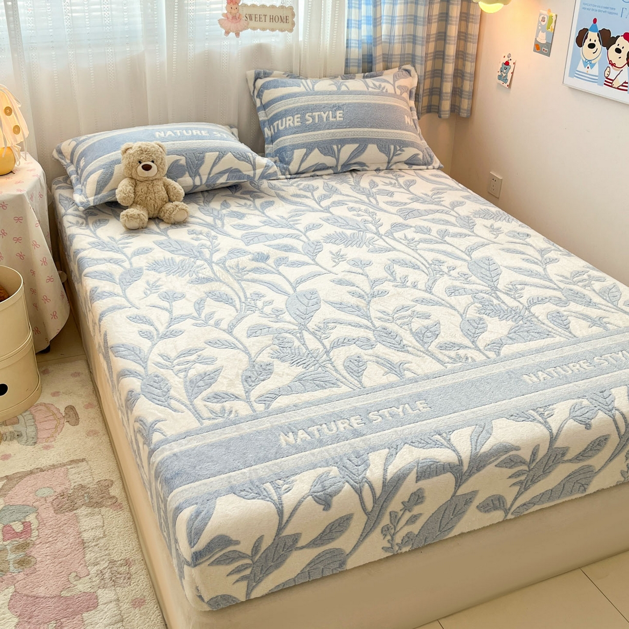 91家纺网 家纺一手货源 找家纺 川悦生活 2025新款高克重雪花绒卡通印花加厚保暖大床单床笠 床笠月桂-蓝