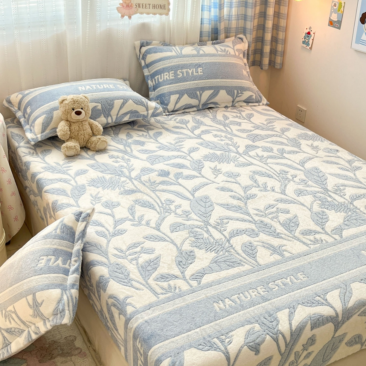 91家纺网 家纺一手货源 找家纺 川悦生活 2025新款高克重雪花绒卡通印花加厚保暖大床单床笠 床笠月桂-蓝
