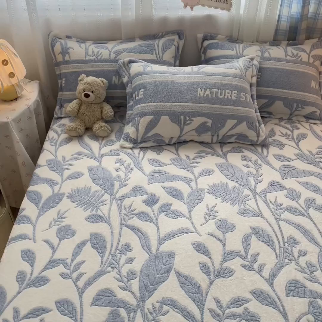 91家纺网 家纺一手货源 找家纺 川悦生活 2025新款高克重雪花绒卡通印花加厚保暖大床单床笠 床笠月桂-蓝