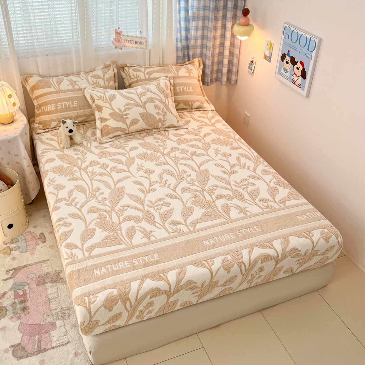 91家纺网 家纺一手货源 找家纺 川悦生活 2025新款高克重雪花绒卡通印花加厚保暖大床单床笠 床笠月桂-浅咖