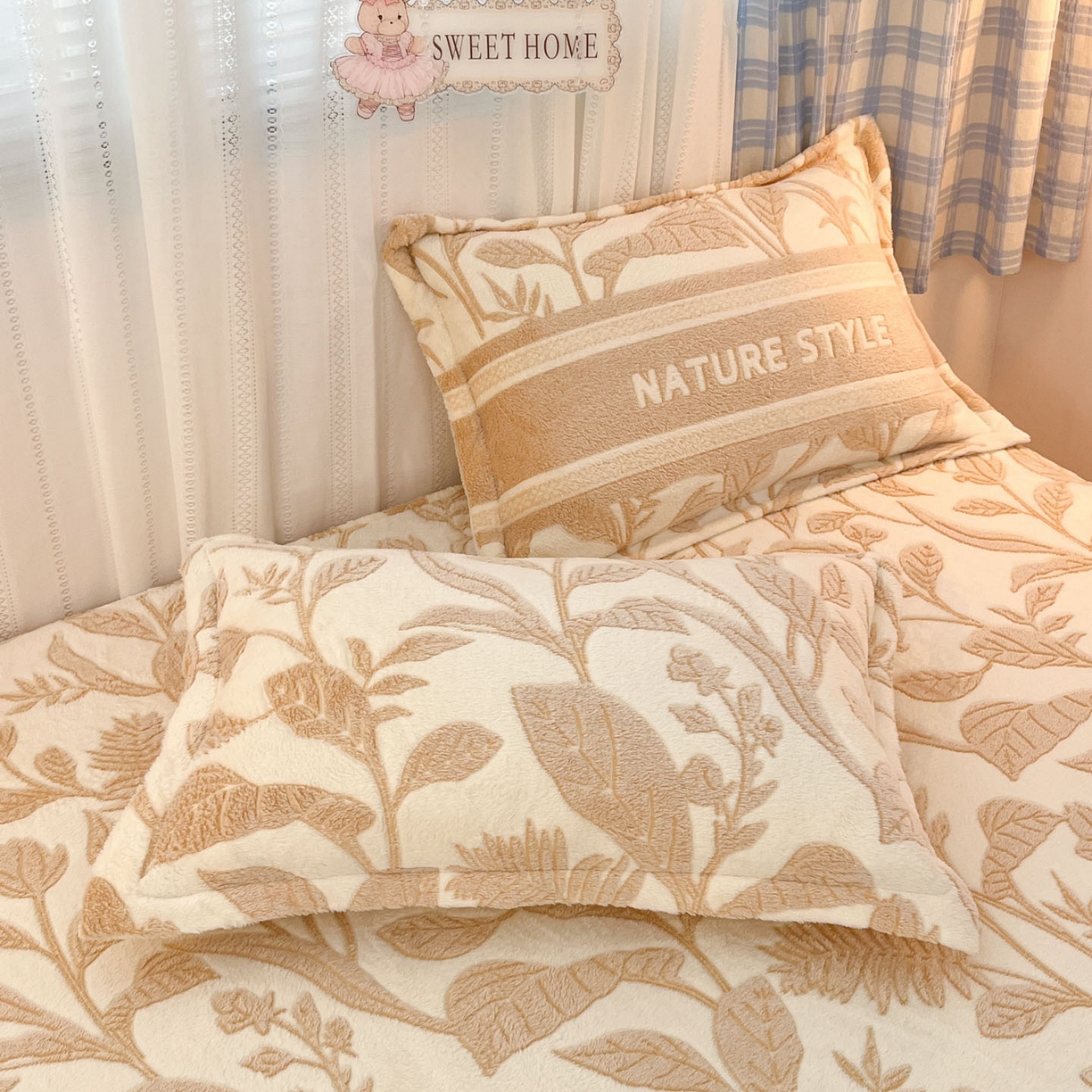 91家纺网 家纺一手货源 找家纺 川悦生活 2025新款高克重雪花绒卡通印花加厚保暖大床单床笠 床笠月桂-浅咖