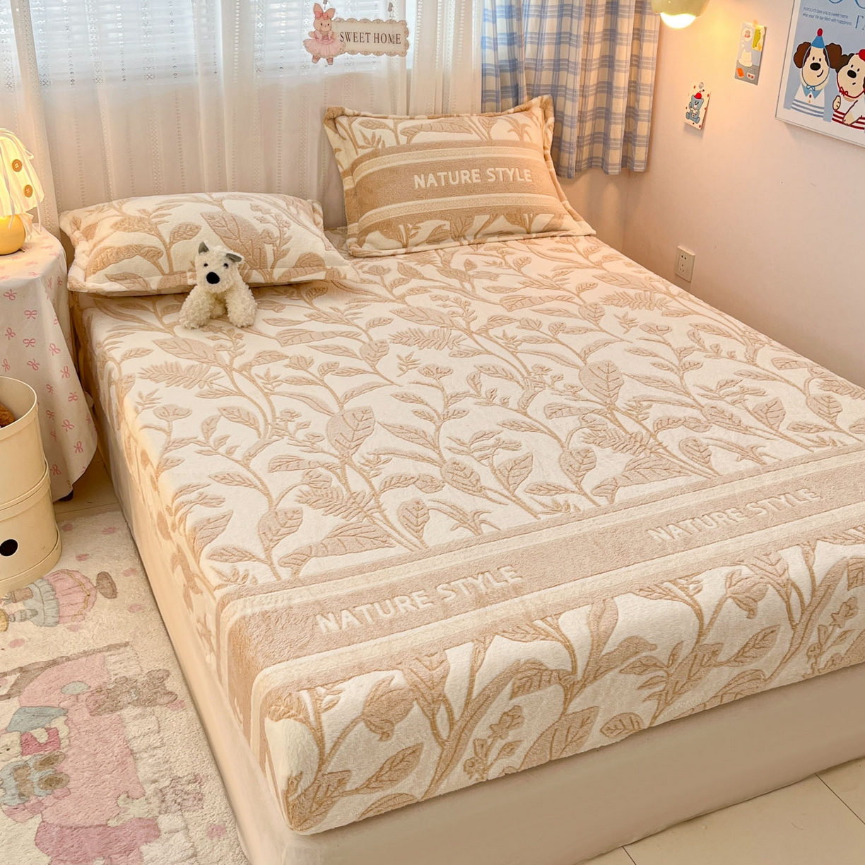 91家纺网 家纺一手货源 找家纺 川悦生活 2025新款高克重雪花绒卡通印花加厚保暖大床单床笠 床笠月桂-浅咖