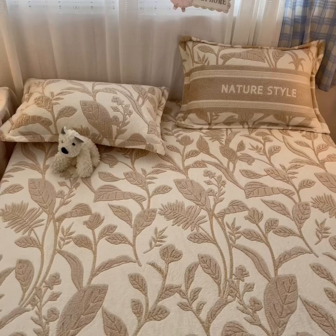 91家纺网 家纺一手货源 找家纺 川悦生活 2025新款高克重雪花绒卡通印花加厚保暖大床单床笠 床笠月桂-浅咖