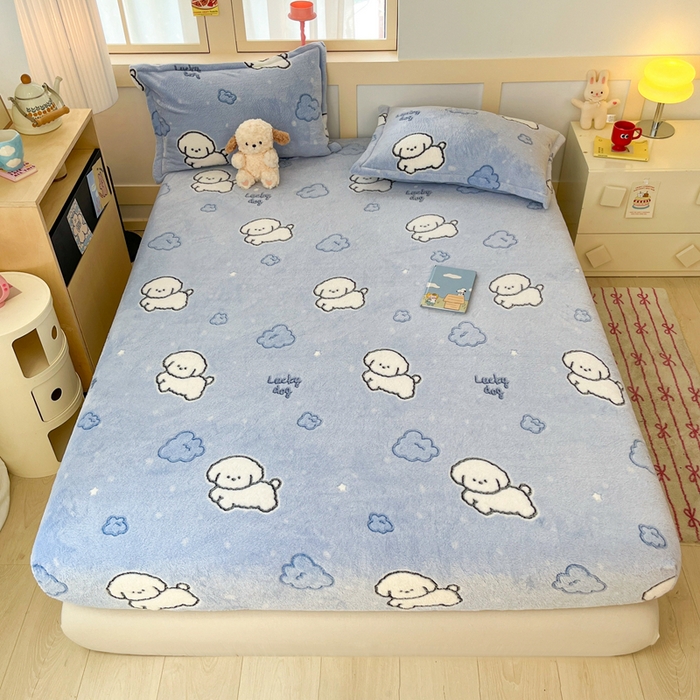 川悦生活 2025新款高克重雪花绒卡通印花加厚保暖大床单床笠 床笠云朵奶狗