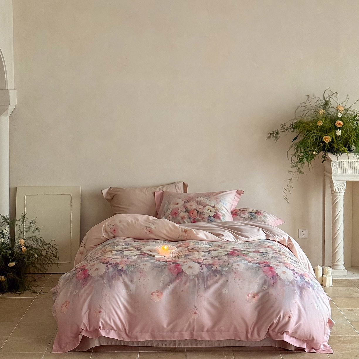 禾时 2025新款天丝棉磨毛数码印花四件套 花海拾梦-粉