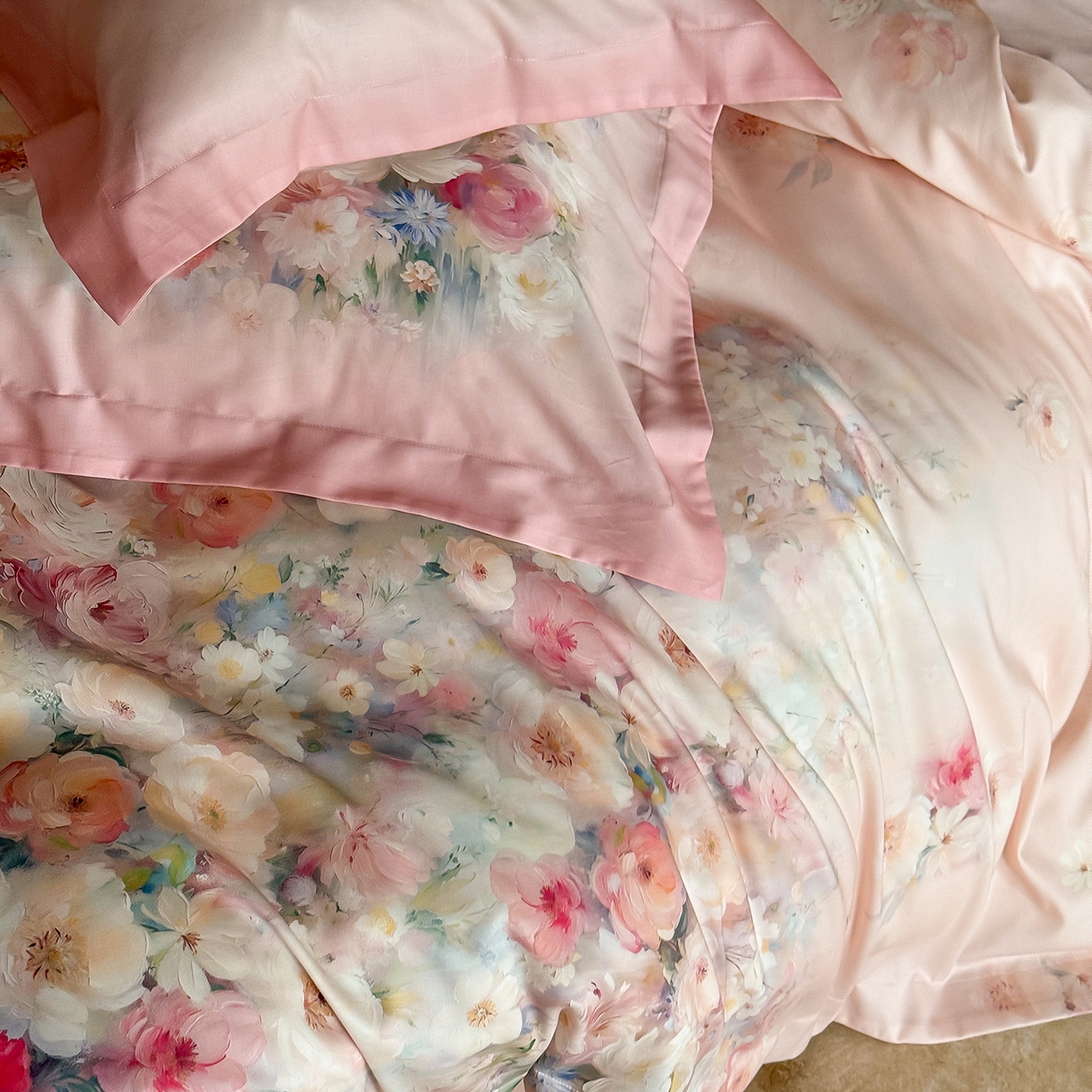 91家纺网 家纺一手货源 找家纺 禾时 2025新款天丝棉磨毛数码印花四件套 花海拾梦-粉