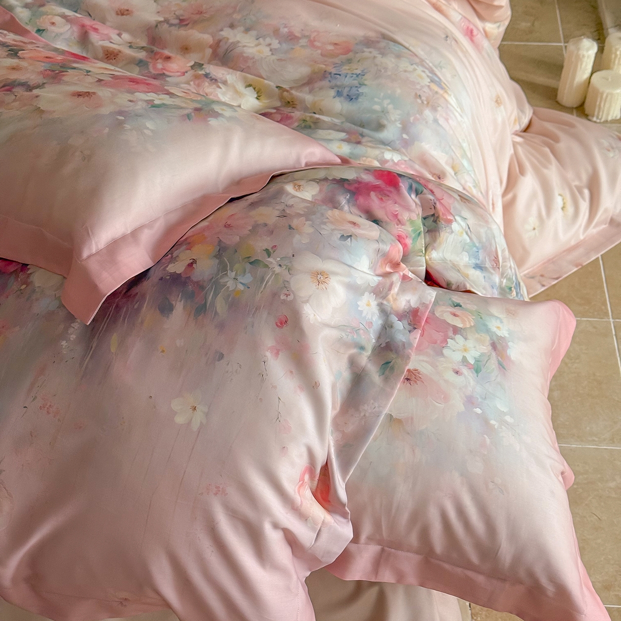 91家纺网 家纺一手货源 找家纺 禾时 2025新款天丝棉磨毛数码印花四件套 花海拾梦-粉