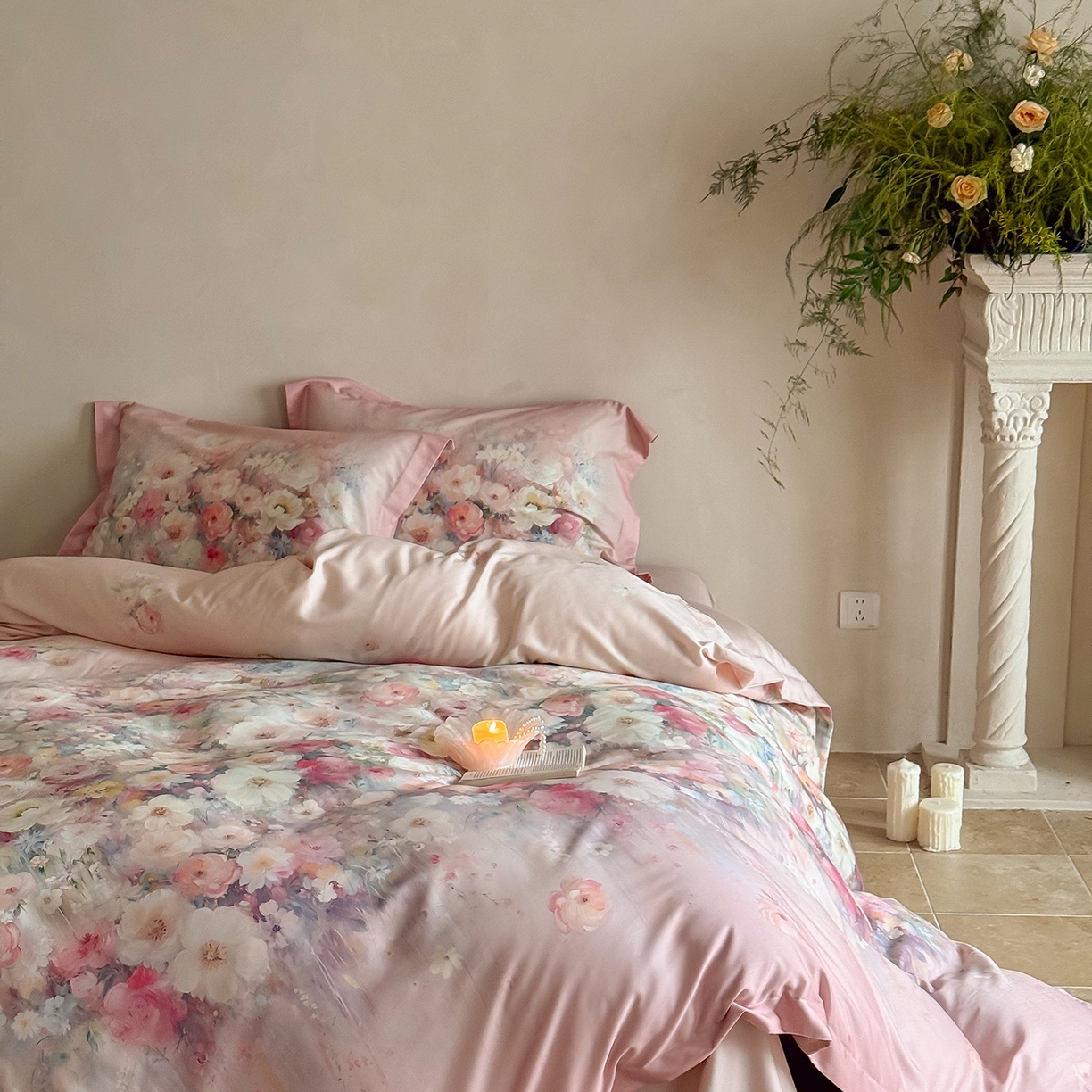 91家纺网 家纺一手货源 找家纺 禾时 2025新款天丝棉磨毛数码印花四件套 花海拾梦-粉