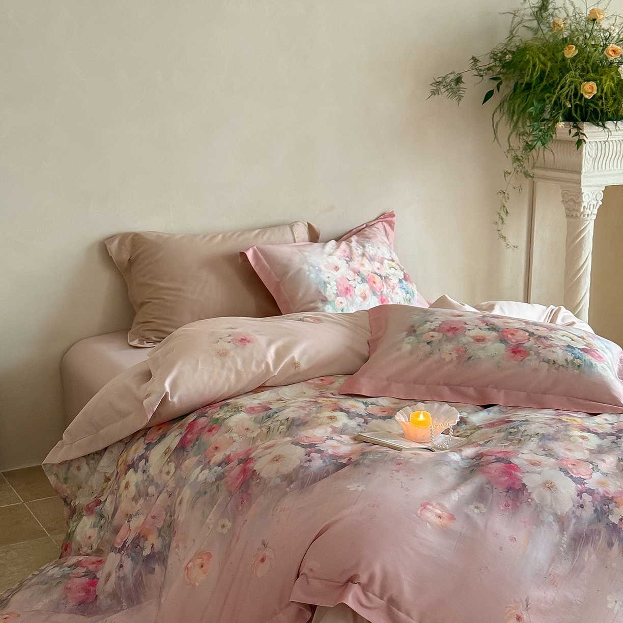 91家纺网 家纺一手货源 找家纺 禾时 2025新款天丝棉磨毛数码印花四件套 花海拾梦-粉