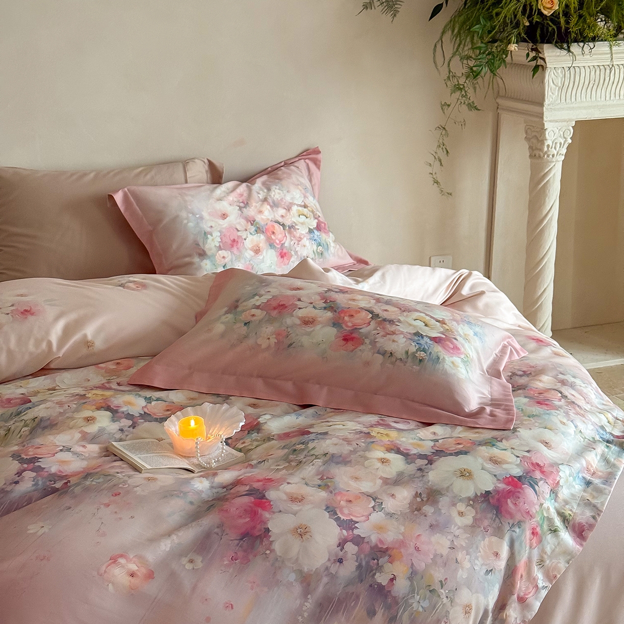 91家纺网 家纺一手货源 找家纺 禾时 2025新款天丝棉磨毛数码印花四件套 花海拾梦-粉