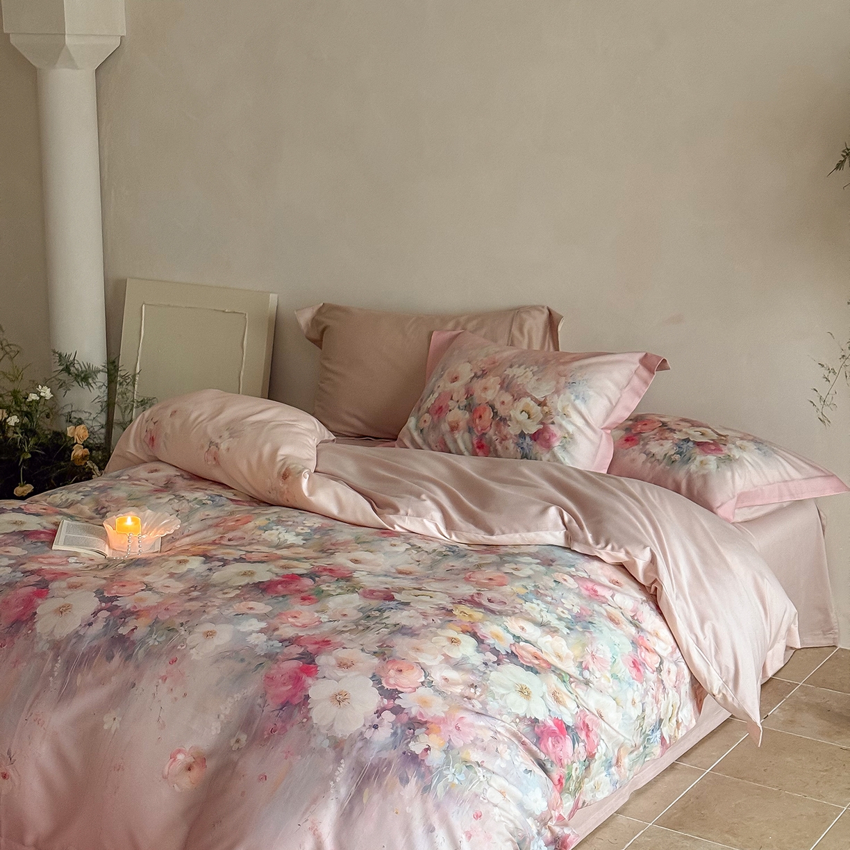 91家纺网 家纺一手货源 找家纺 禾时 2025新款天丝棉磨毛数码印花四件套 花海拾梦-粉