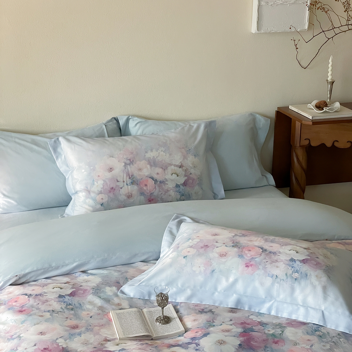 91家纺网 家纺一手货源 找家纺 禾时 2025新款天丝棉磨毛数码印花四件套 花海拾梦-蓝