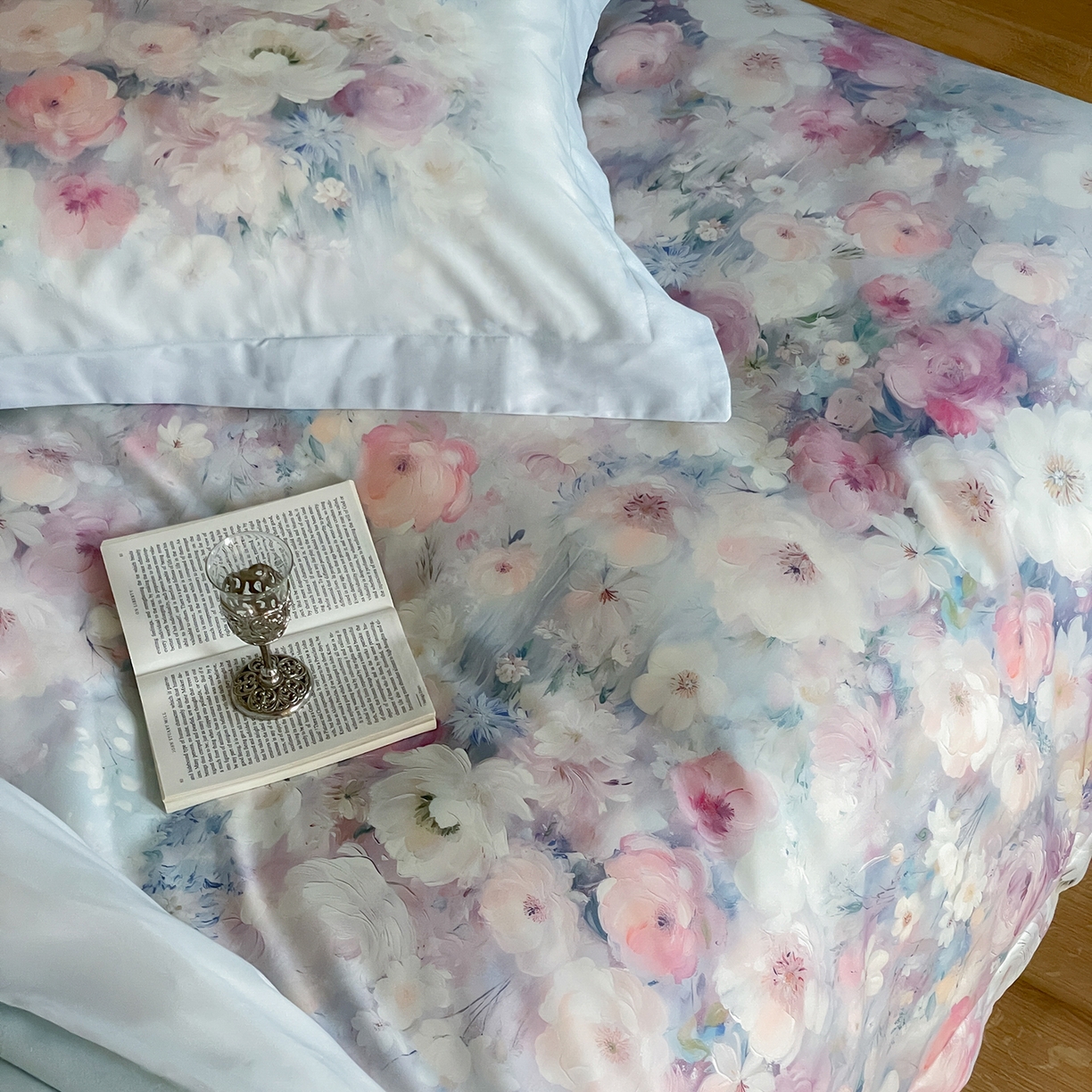 91家纺网 家纺一手货源 找家纺 禾时 2025新款天丝棉磨毛数码印花四件套 花海拾梦-蓝