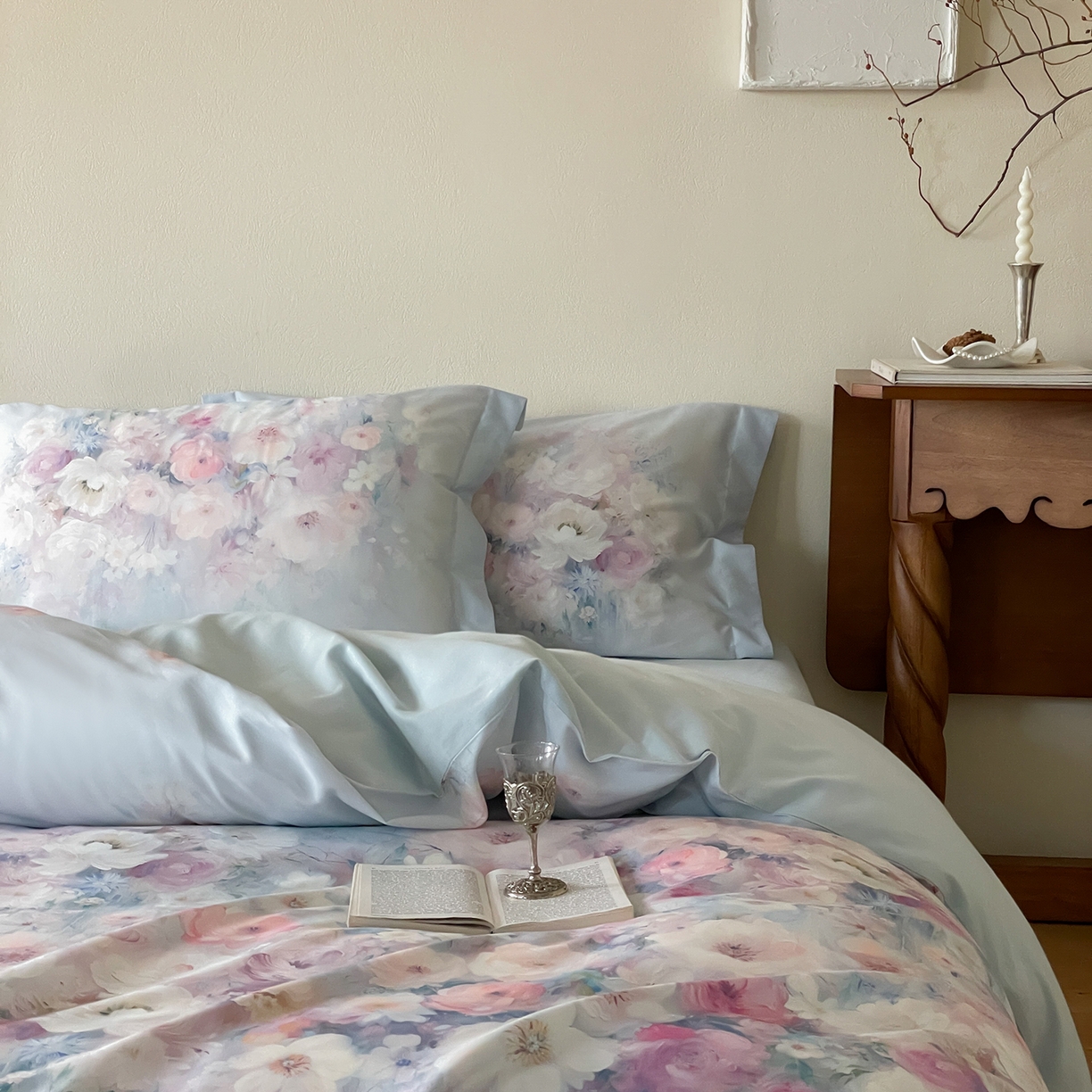 91家纺网 家纺一手货源 找家纺 禾时 2025新款天丝棉磨毛数码印花四件套 花海拾梦-蓝