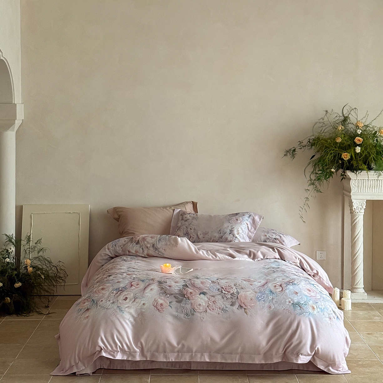 禾时 2025新款天丝棉磨毛数码印花四件套 春不晚-粉