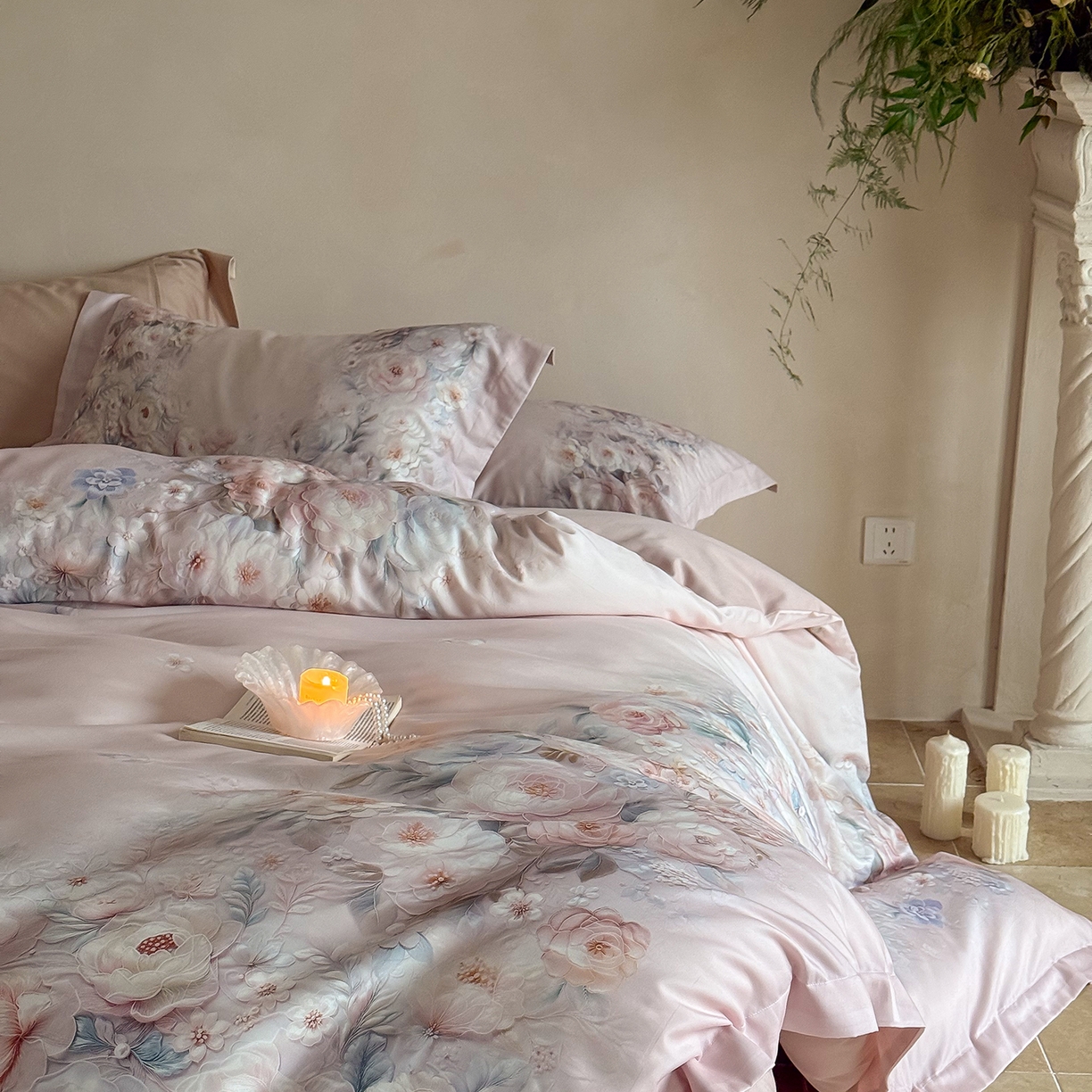 91家纺网 家纺一手货源 找家纺 禾时 2025新款天丝棉磨毛数码印花四件套 春不晚-粉