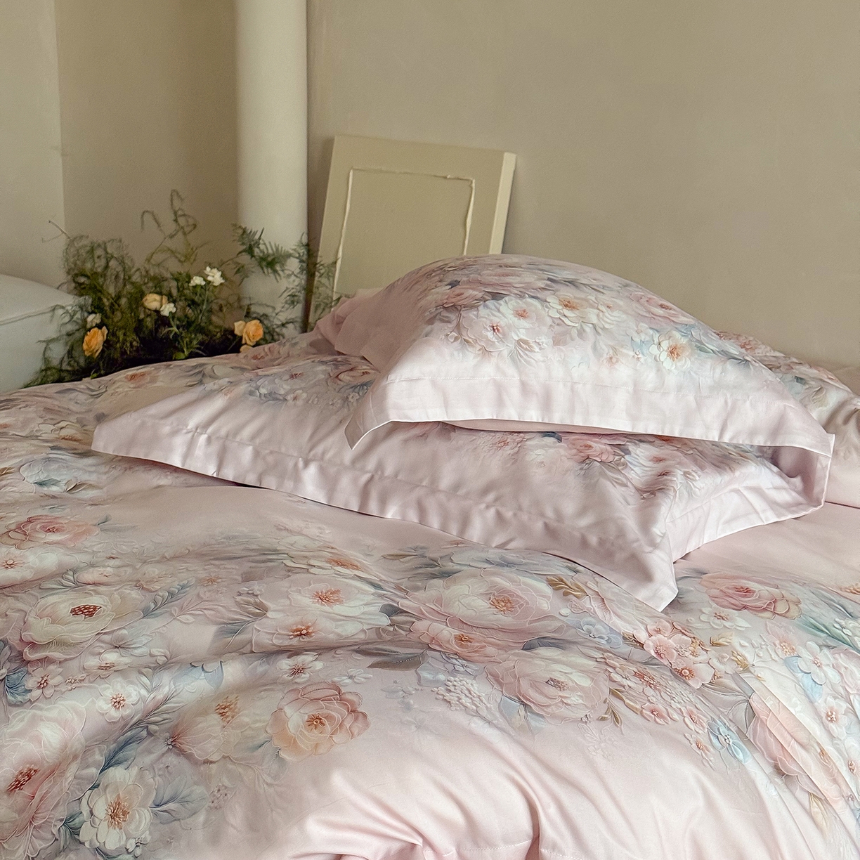 91家纺网 家纺一手货源 找家纺 禾时 2025新款天丝棉磨毛数码印花四件套 春不晚-粉