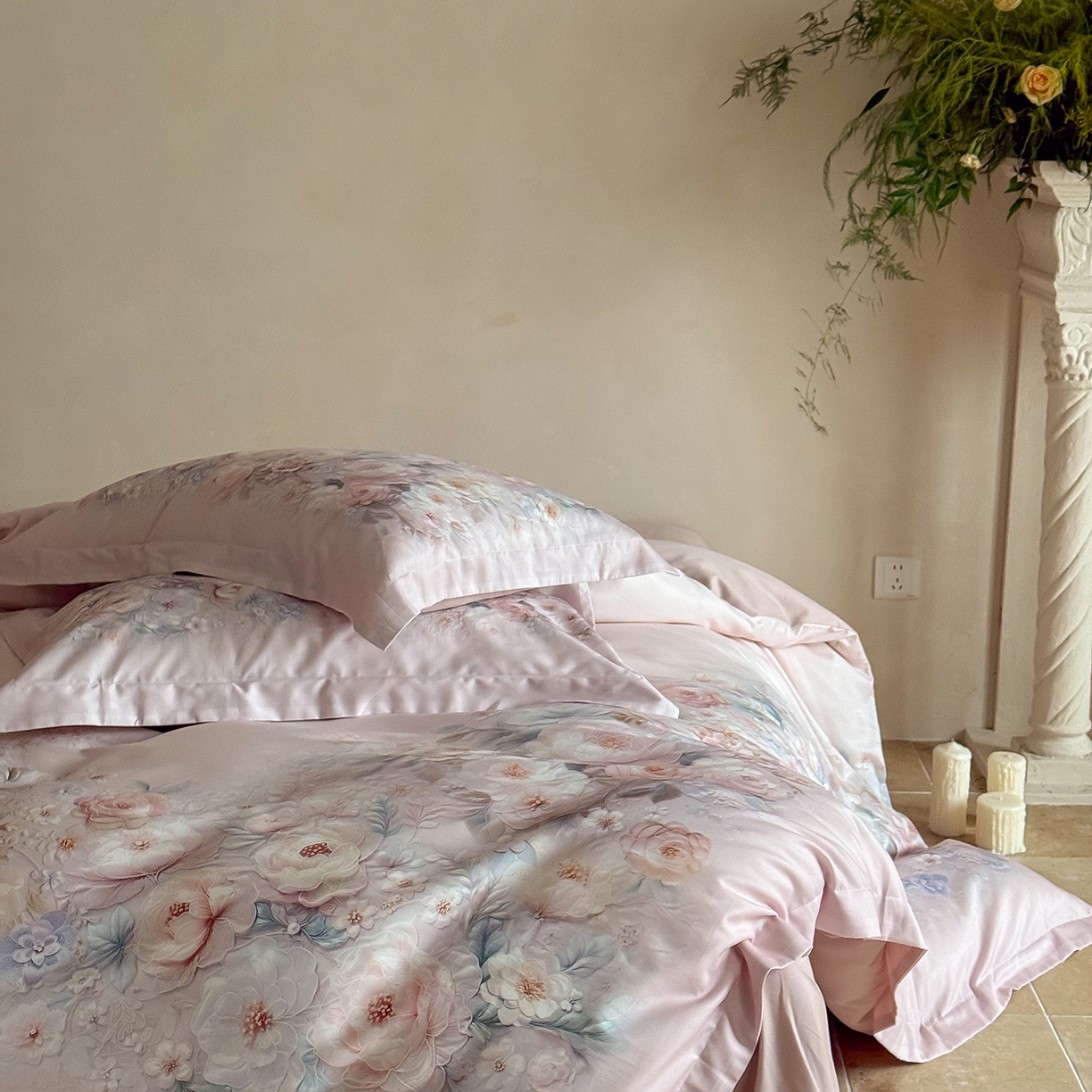 91家纺网 家纺一手货源 找家纺 禾时 2025新款天丝棉磨毛数码印花四件套 春不晚-粉