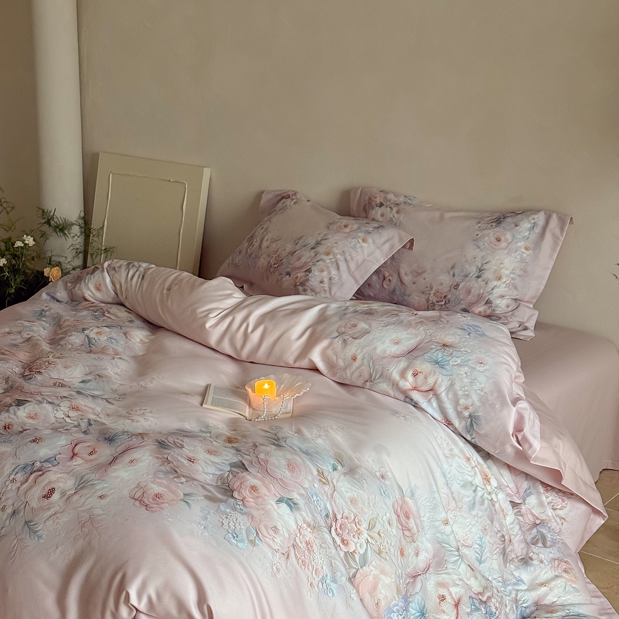 91家纺网 家纺一手货源 找家纺 禾时 2025新款天丝棉磨毛数码印花四件套 春不晚-粉