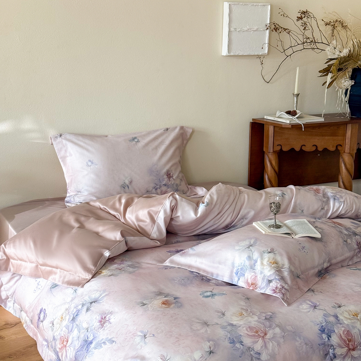 91家纺网 家纺一手货源 找家纺 禾时 2025新款天丝棉磨毛数码印花四件套 花未眠-粉