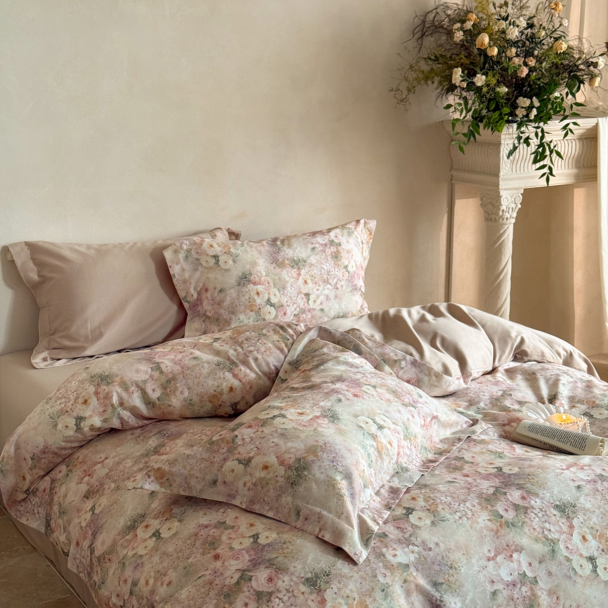 91家纺网 家纺一手货源 找家纺 禾时 2025新款天丝棉磨毛数码印花四件套 卡米莉亚-粉