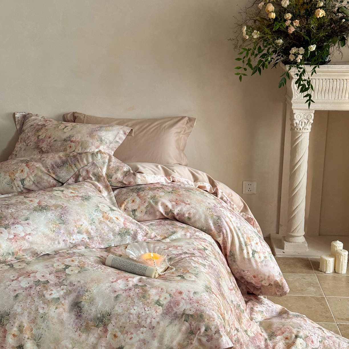 91家纺网 家纺一手货源 找家纺 禾时 2025新款天丝棉磨毛数码印花四件套 卡米莉亚-粉