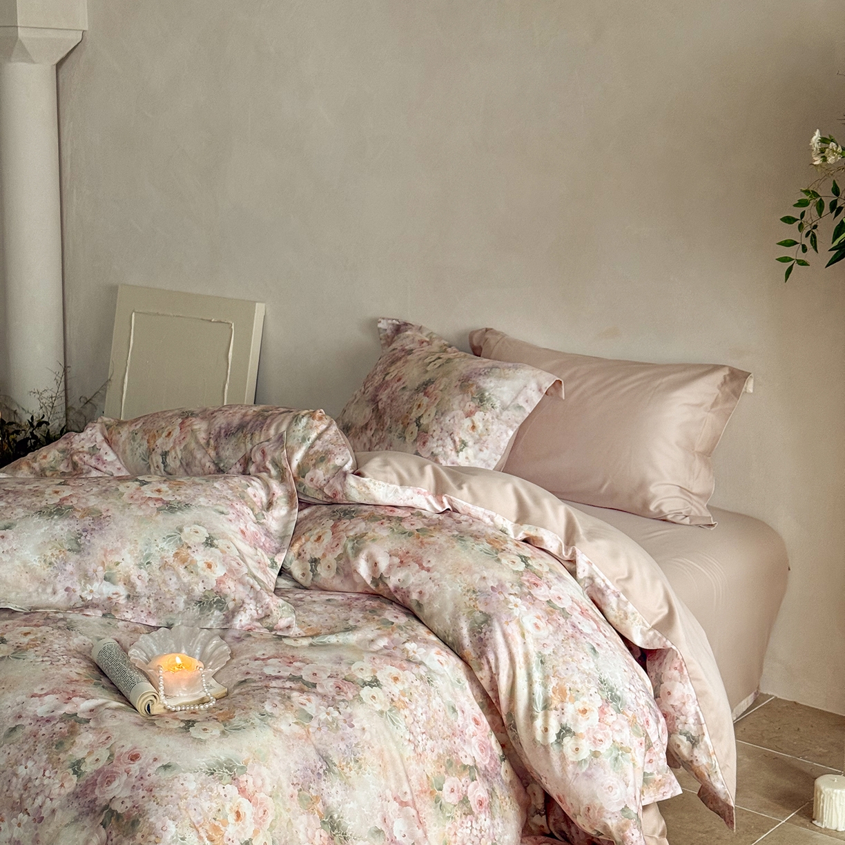 91家纺网 家纺一手货源 找家纺 禾时 2025新款天丝棉磨毛数码印花四件套 卡米莉亚-粉