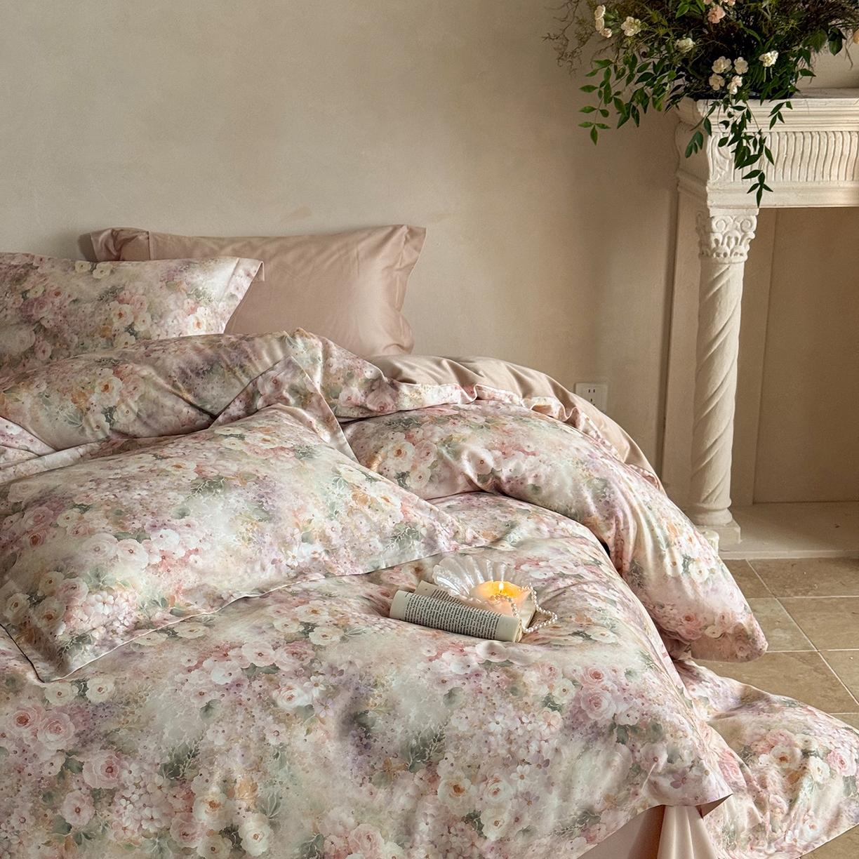 91家纺网 家纺一手货源 找家纺 禾时 2025新款天丝棉磨毛数码印花四件套 卡米莉亚-粉