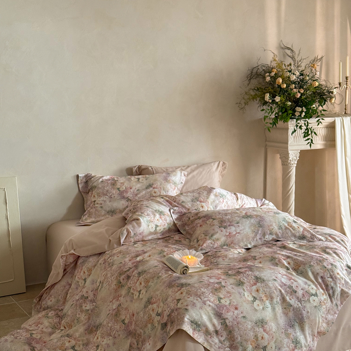 91家纺网 家纺一手货源 找家纺 禾时 2025新款天丝棉磨毛数码印花四件套 卡米莉亚-粉